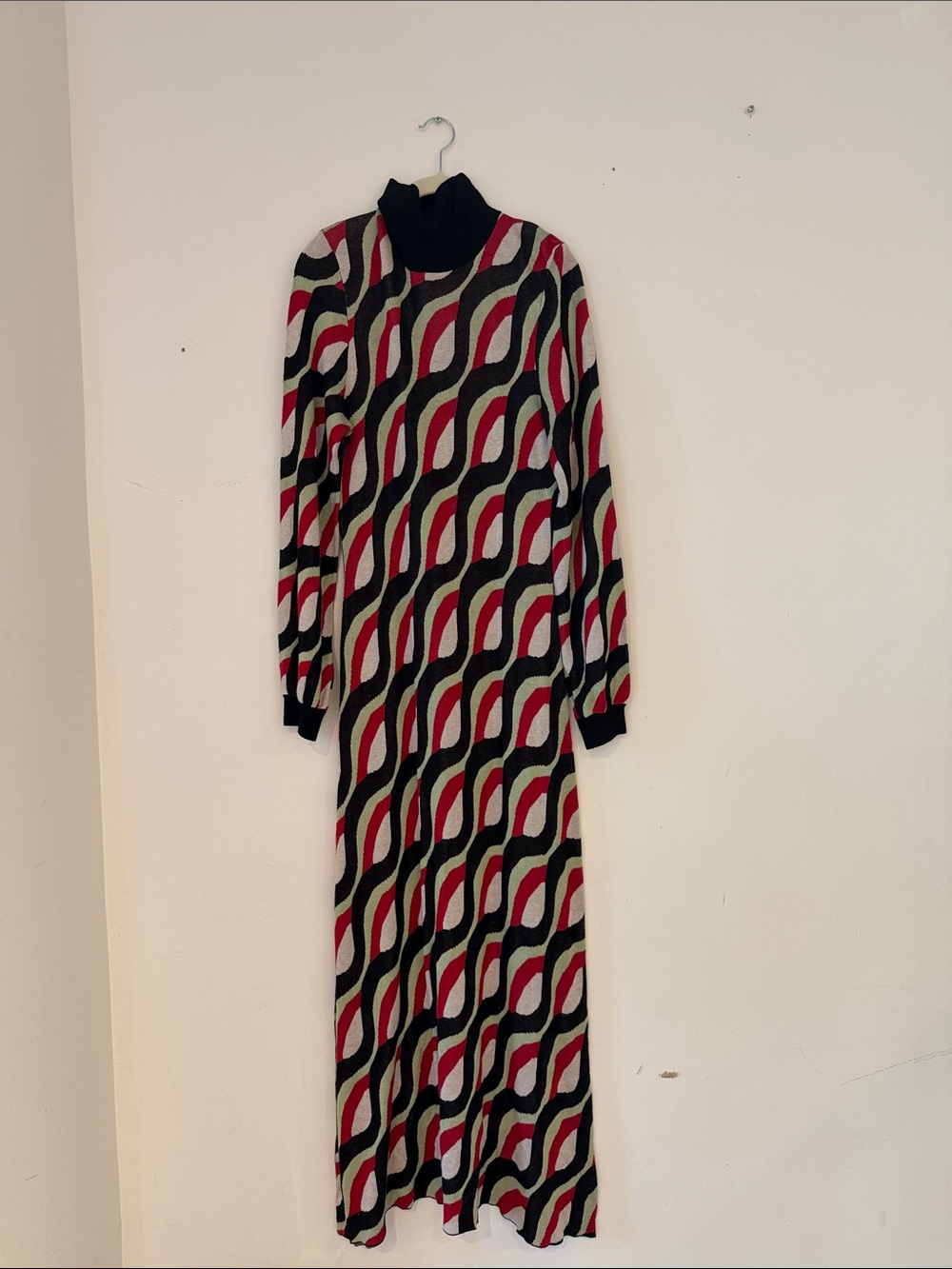 RIXO Wave-Print Maxi Dress in Red, Black & Cream
